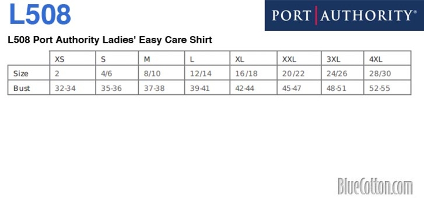 Size chart for a L508 Port Authority Ladies' Easy Care Shirt